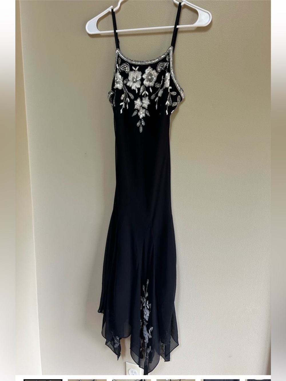 Vintage dressbarn Black Slip Midi Dress with Silver Floral Beading , Size 12